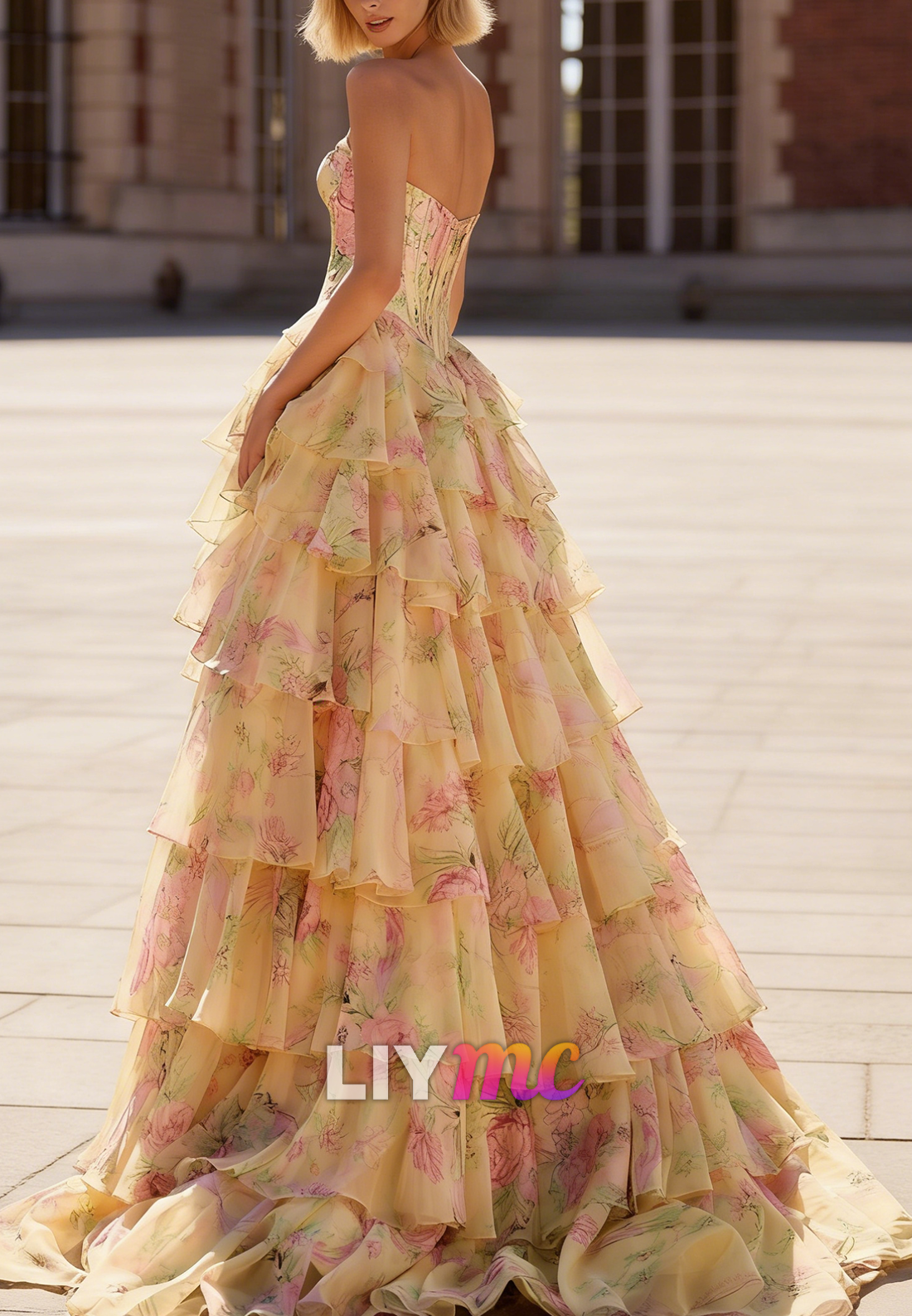 Off-Shoulder Chiffon Floral Printed Tiered A-Line Prom Dress