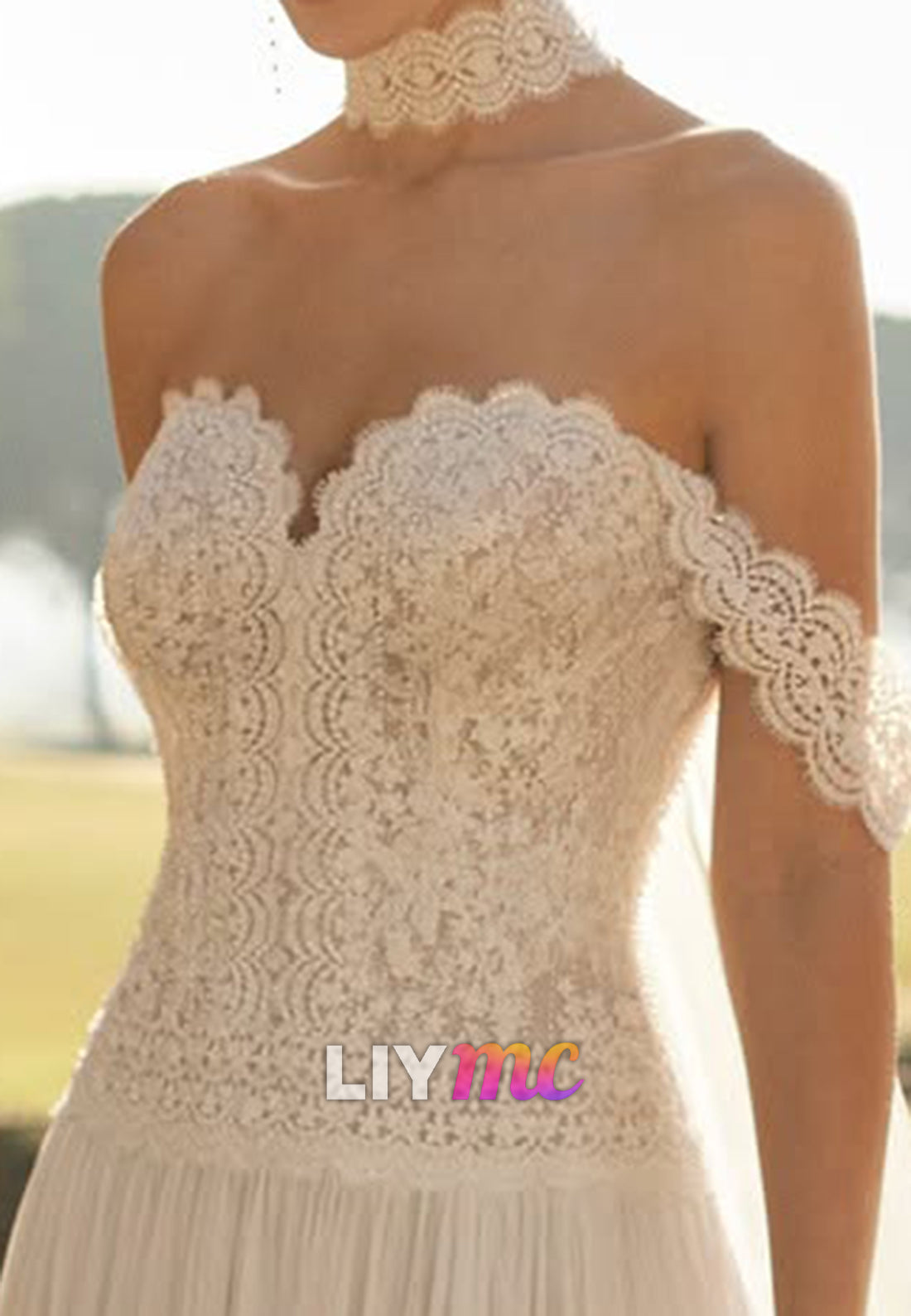 Off-Shoulder Chiffon Pleated Lace Appliques A-Line Wedding Dress