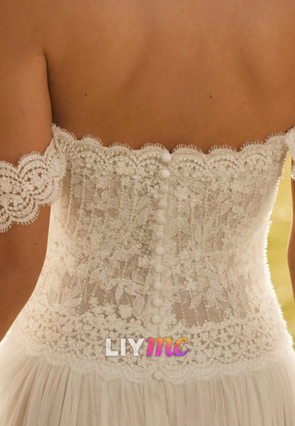 Off-Shoulder Chiffon Pleated Lace Appliques A-Line Wedding Dress