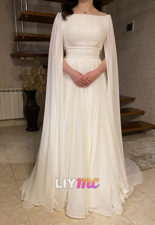 Off-Shoulder Chiffon Pleated Long Sleeves A-Line Wedding Dress