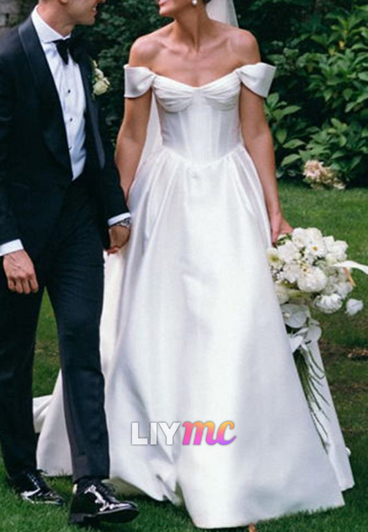 Off-Shoulder Corset Sleeveless Pleated A-Line Wedding Dress