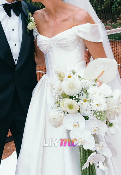 Off-Shoulder Corset Sleeveless Pleated A-Line Wedding Dress