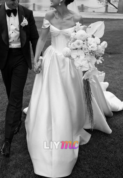 Off-Shoulder Corset Sleeveless Pleated A-Line Wedding Dress