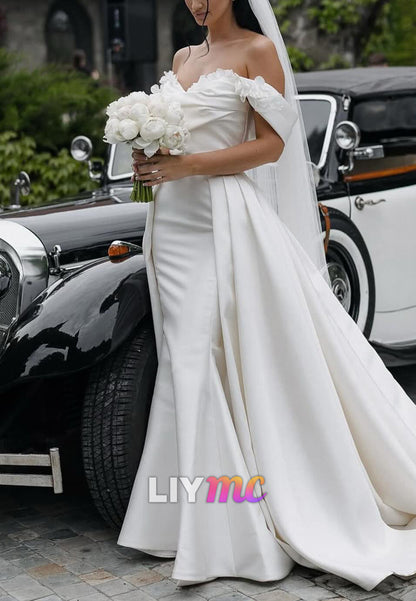 Off-Shoulder Detachable Train Pleated Mermaid Wedding Dress
