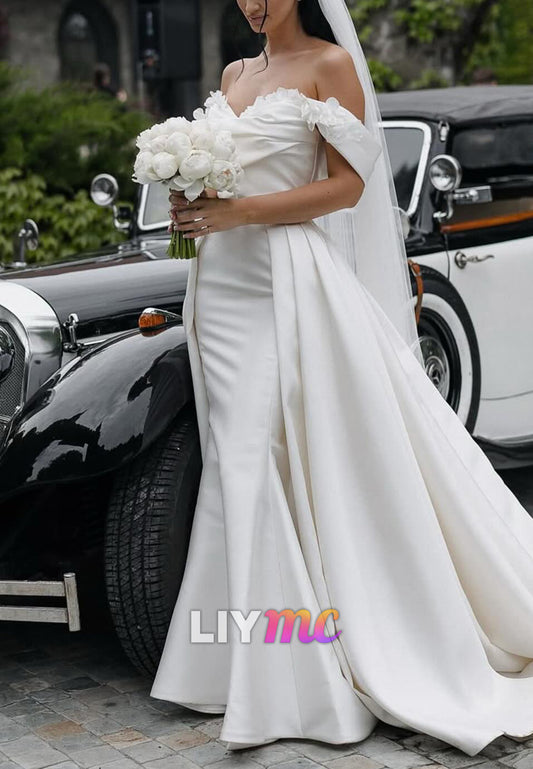 Off-Shoulder Detachable Train Pleated Mermaid Wedding Dress