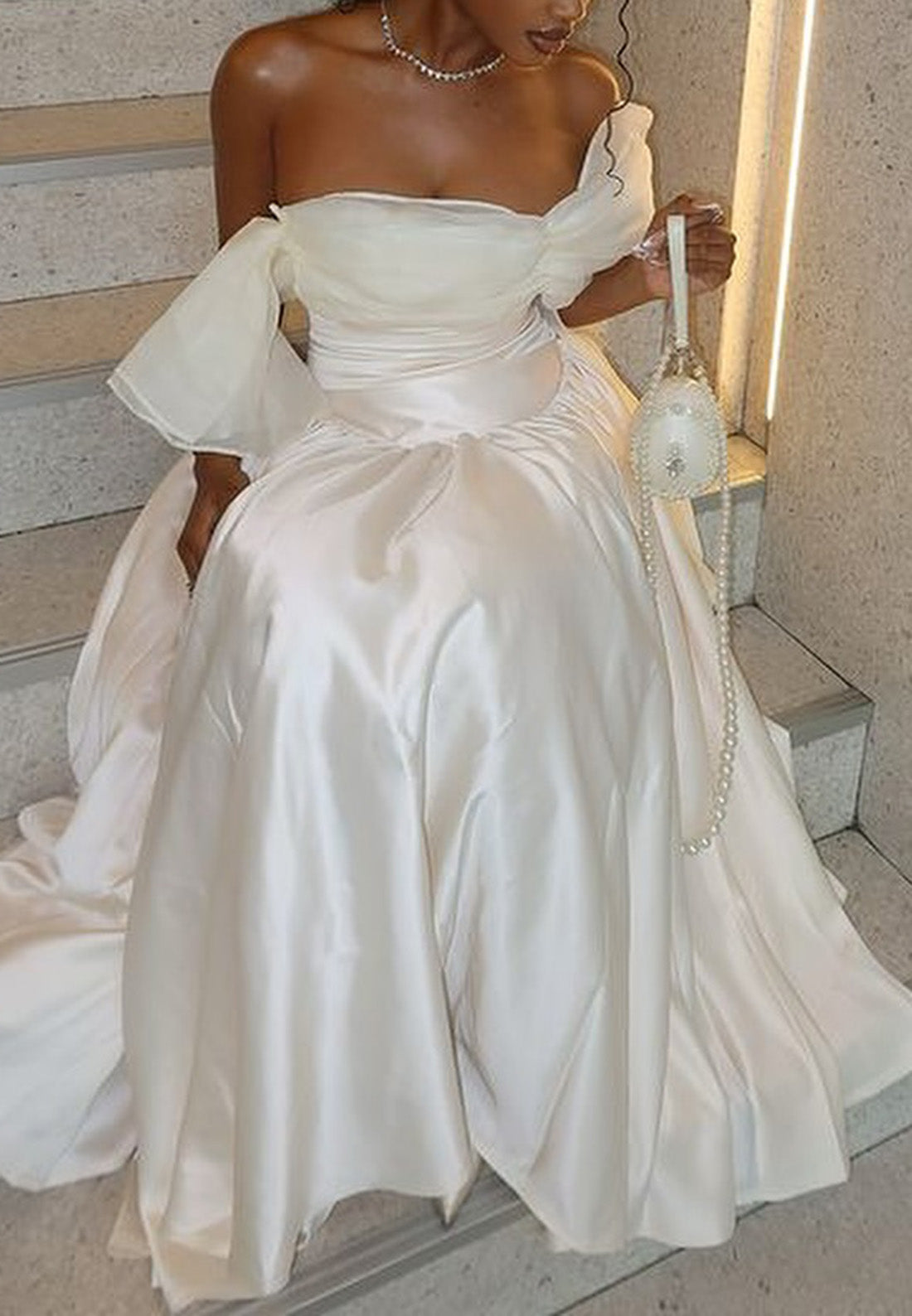 Off-Shoulder Empire Waist Pleated A-Line Wedding Dress