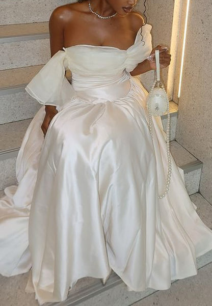Off-Shoulder Empire Waist Pleated A-Line Wedding Dress