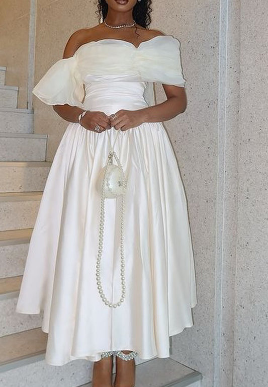 Off-Shoulder Empire Waist Pleated A-Line Wedding Dress