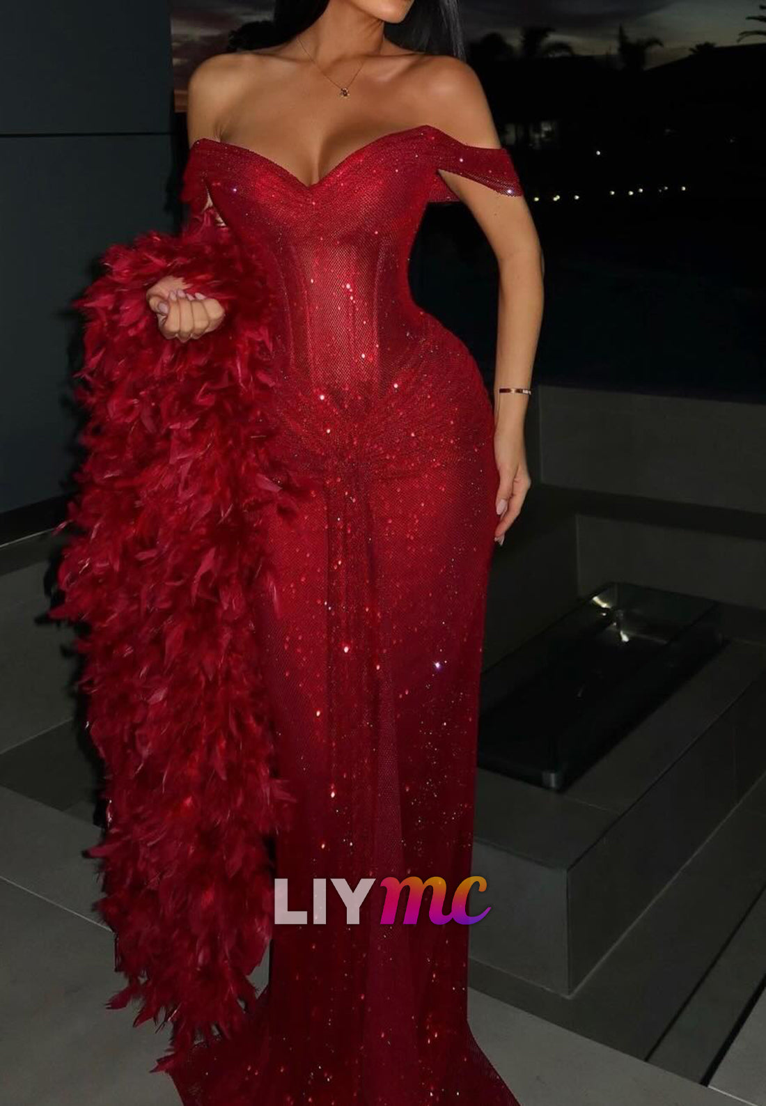 Off-Shoulder Evening Dress Sparkly Mermaid Red  Prom Dress