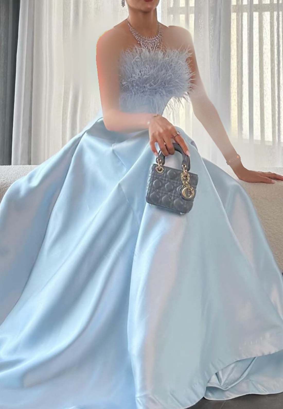 Off-Shoulder Feathered Sleek A-Line Sky Blue Formal Dress