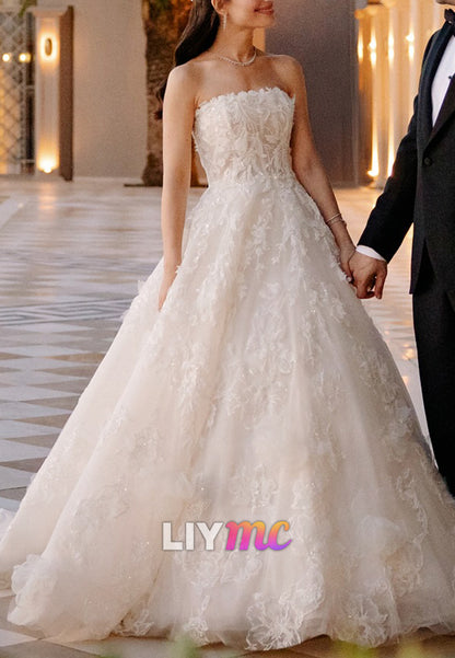 Off-Shoulder Floral Appliques Ball Gown Wedding Dress