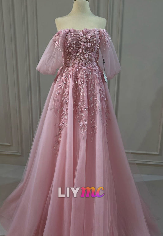 Off-Shoulder Floral Appliques Tulle A-Line Prom Dress
