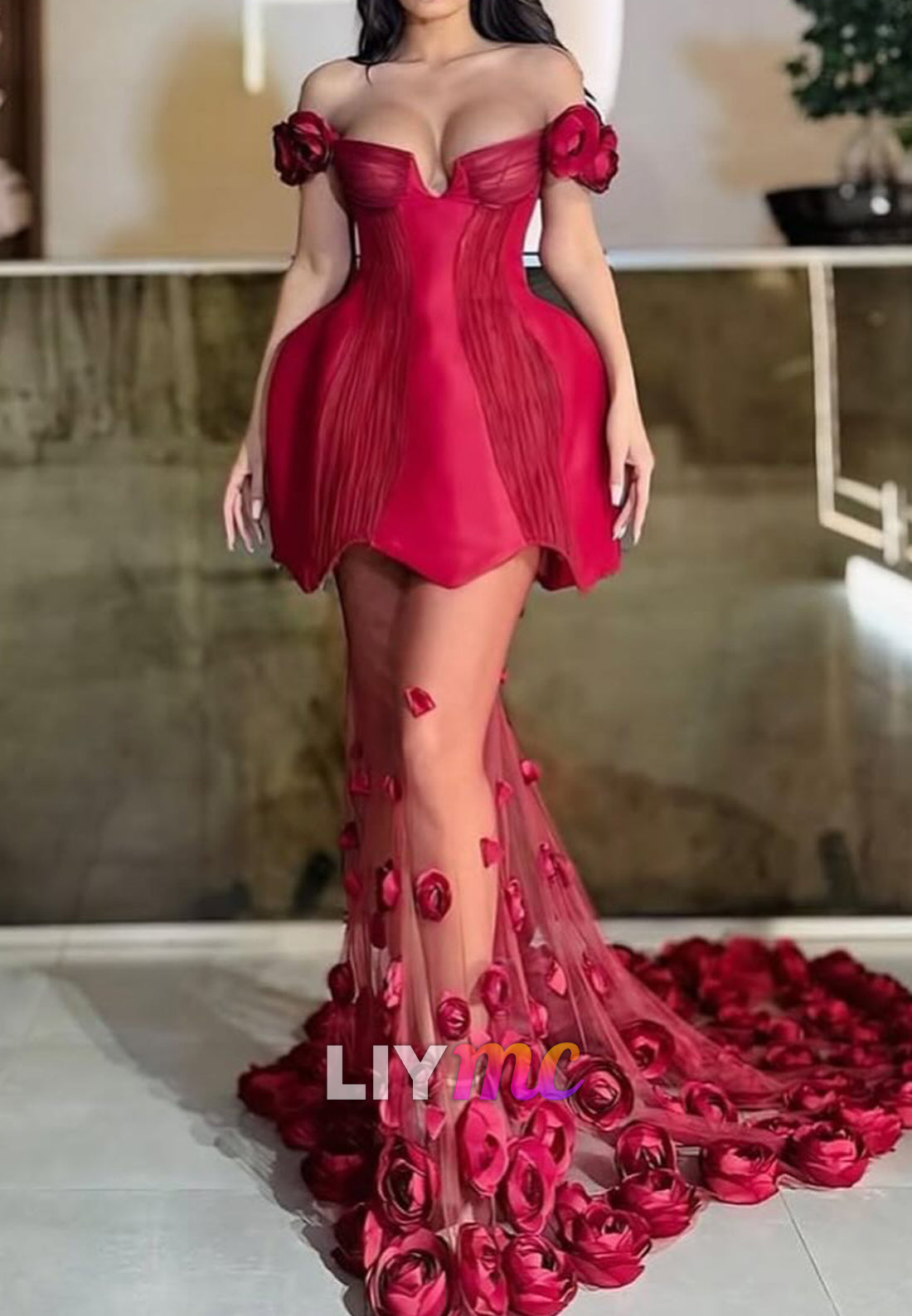 Off-Shoulder Floral Embellished A-Line Evening Dress