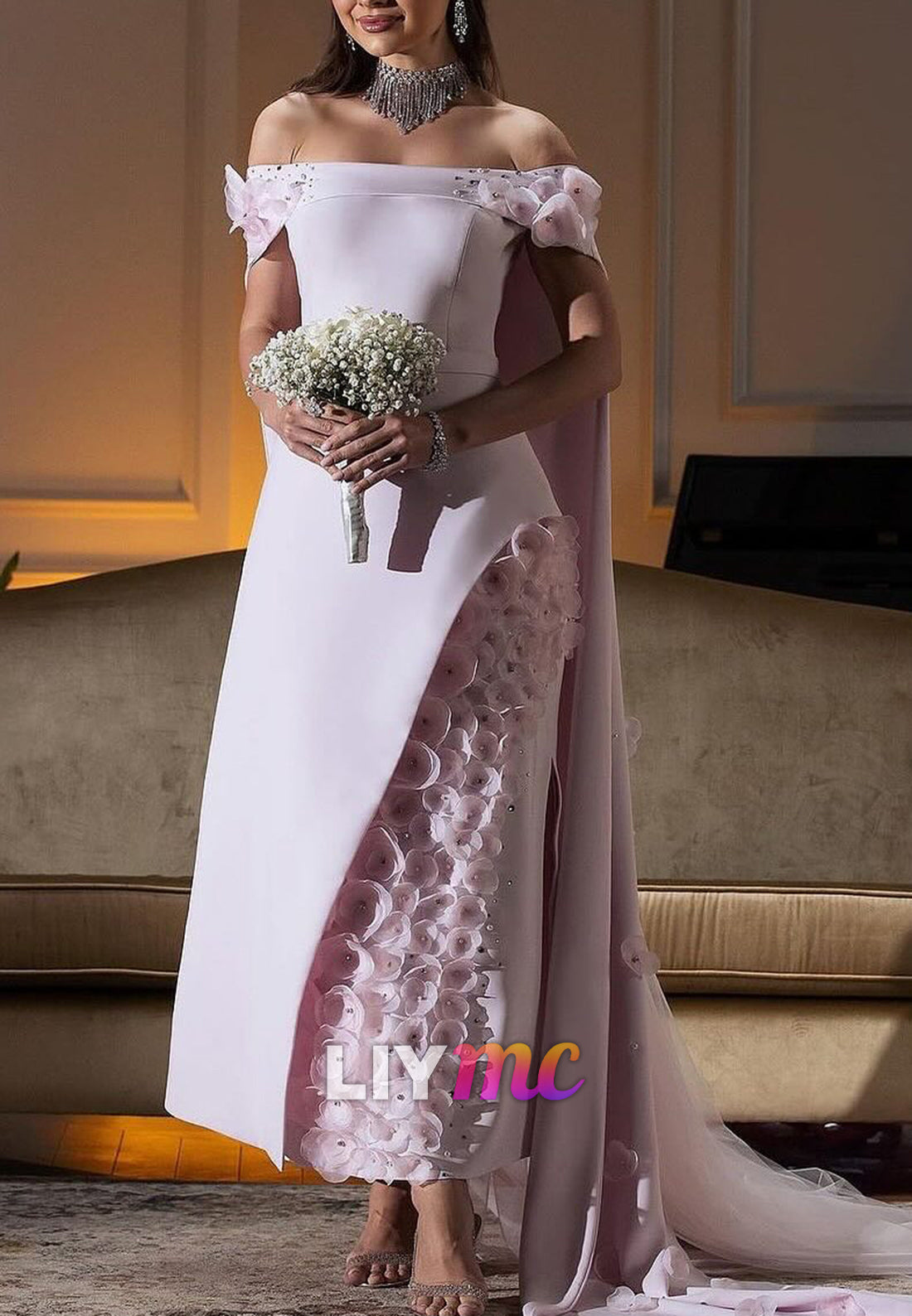 Off-Shoulder Floral Embellished Sheath Evening Dress