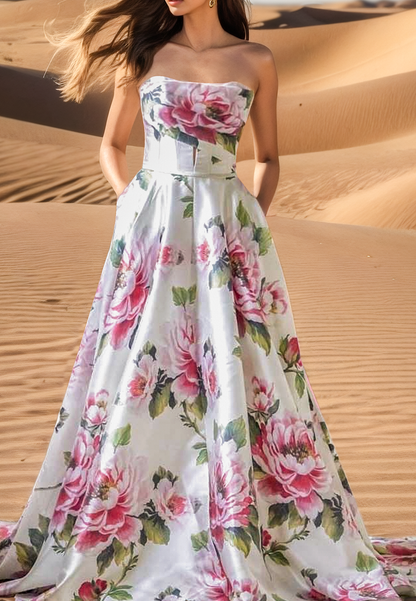 Off-Shoulder Floral Pleated Satin A-Line Wedding Dress