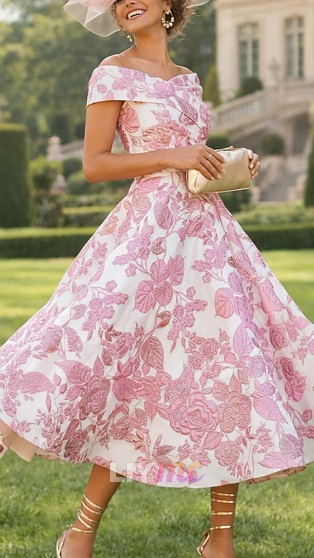 Off-Shoulder Floral Printed A-Line Satin Mother of Bride Dress