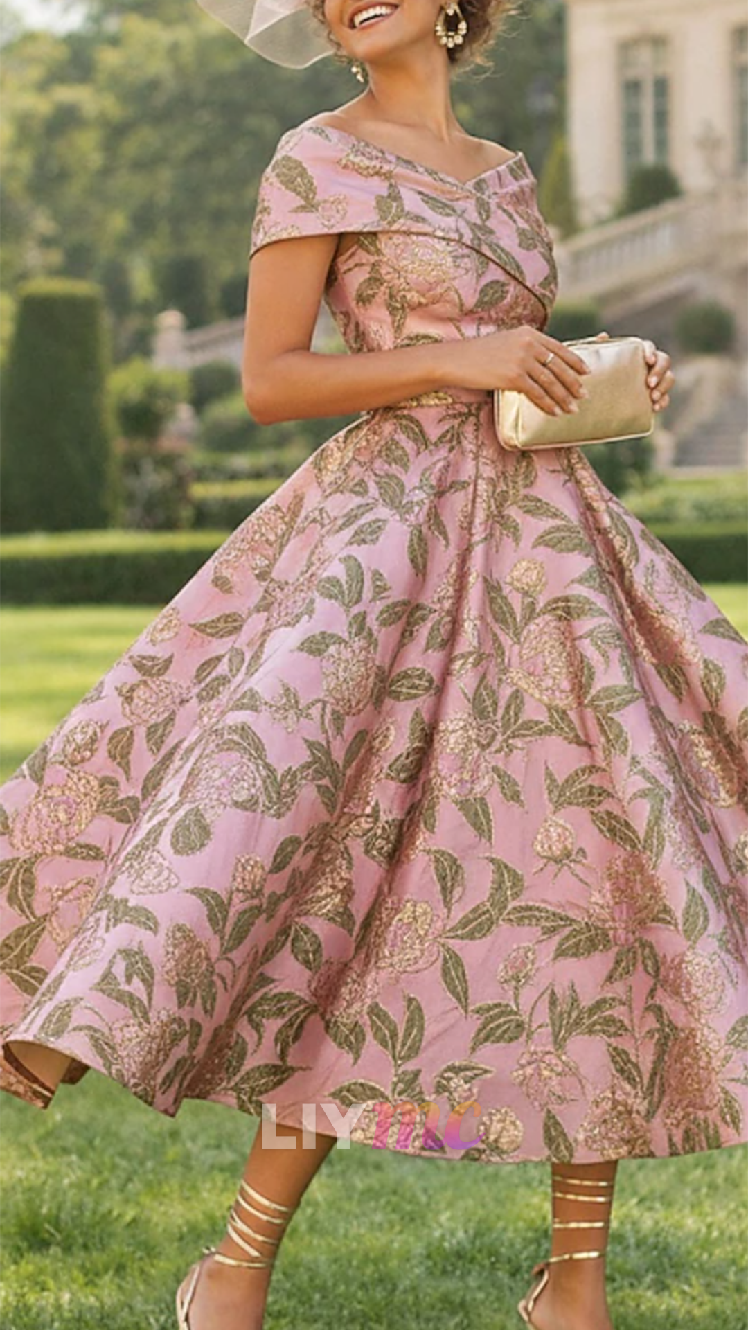 Off-Shoulder Floral Printed A-Line Satin Mother of Bride Dress