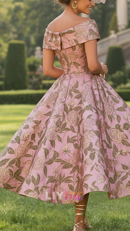 Off-Shoulder Floral Printed A-Line Satin Mother of Bride Dress