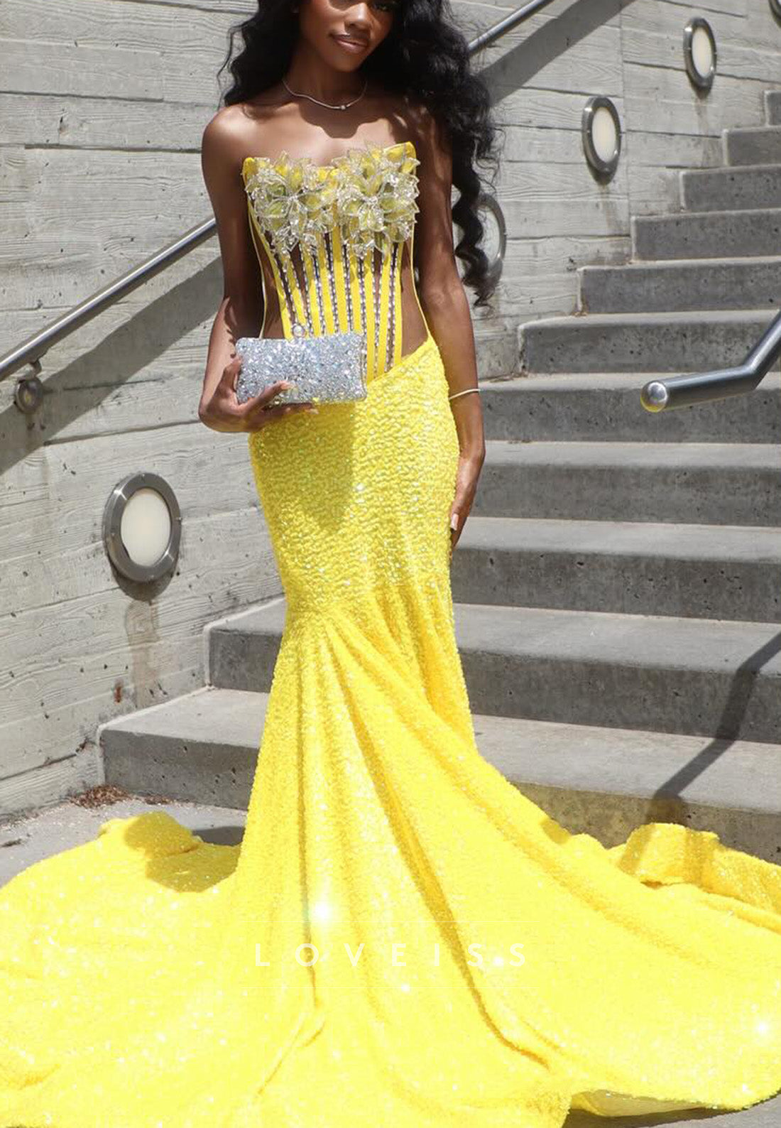 Off-Shoulder Floral Sequins Sparkly Mermaid Prom Dress for Black Girls