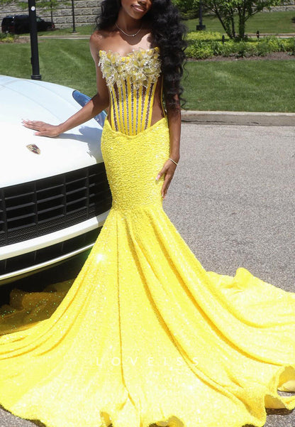 Off-Shoulder Floral Sequins Sparkly Mermaid Prom Dress for Black Girls