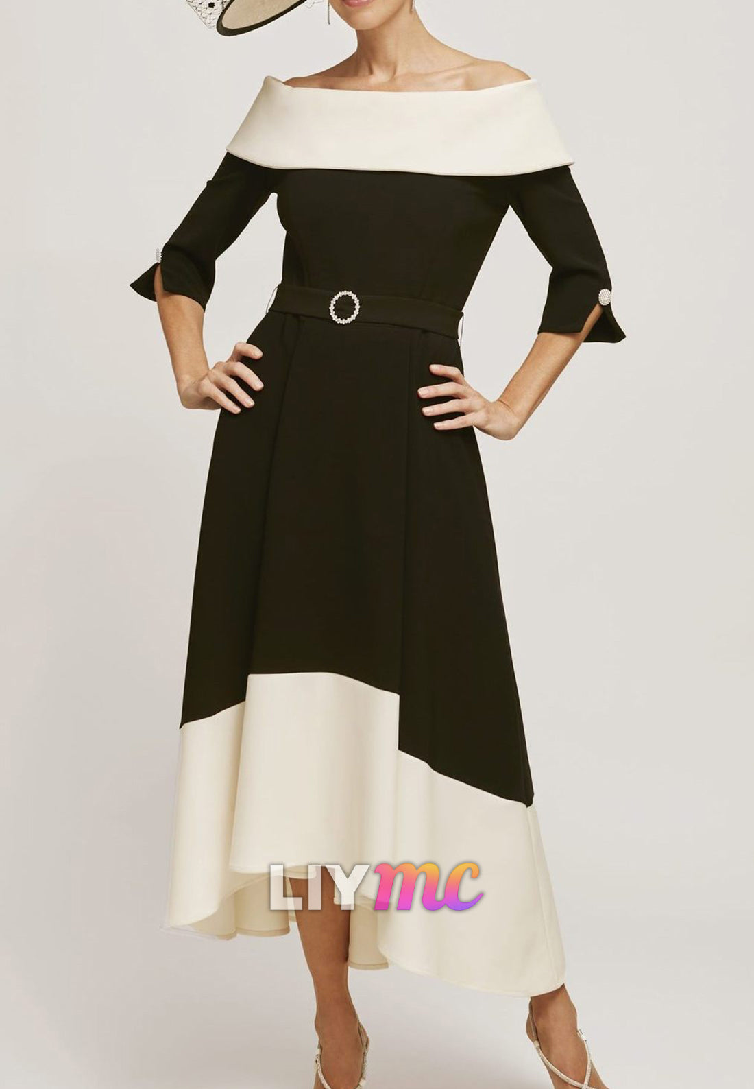 Off-Shoulder Half Sleeves A-Line Midi Mother of Bride Dress