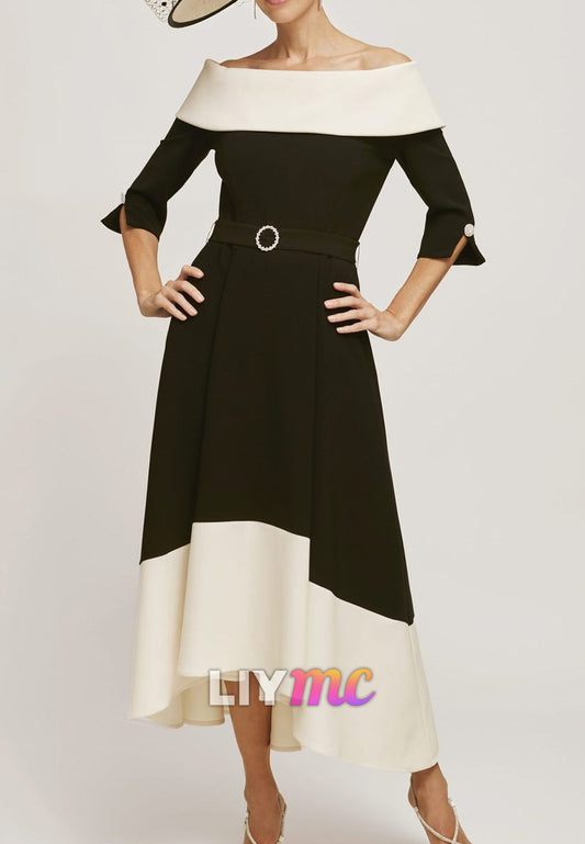 Off-Shoulder Half Sleeves A-Line Midi Mother of Bride Dress