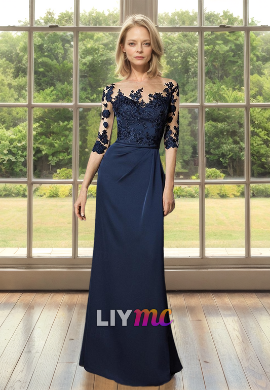 M1081 - Column Mother of the Bride Dress Wedding Jewel Neck Floor Length Chiffon 34 Length Sleeve with Appliques