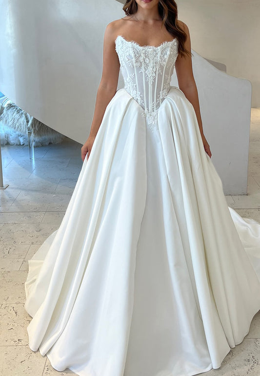 Off-Shoulder Lace Appliques A-Line Satin Wedding Dress