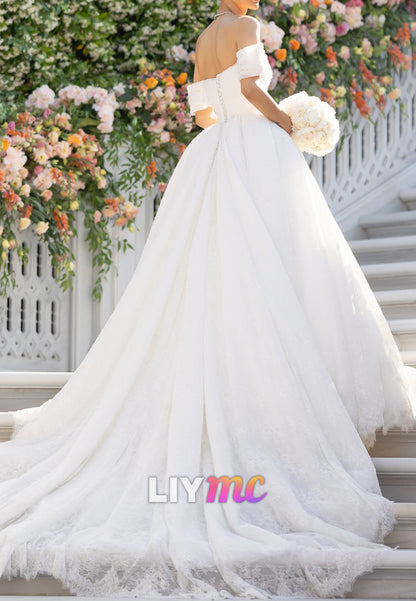 Off-Shoulder Lace Appliques Ball Gown Wedding Dress