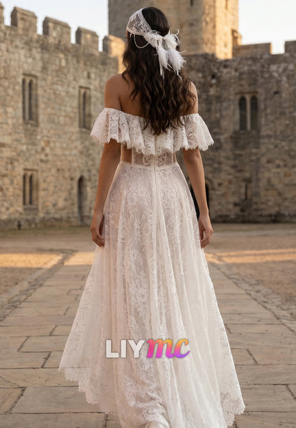 Off-Shoulder Lace Appliques Boho Wedding Dress