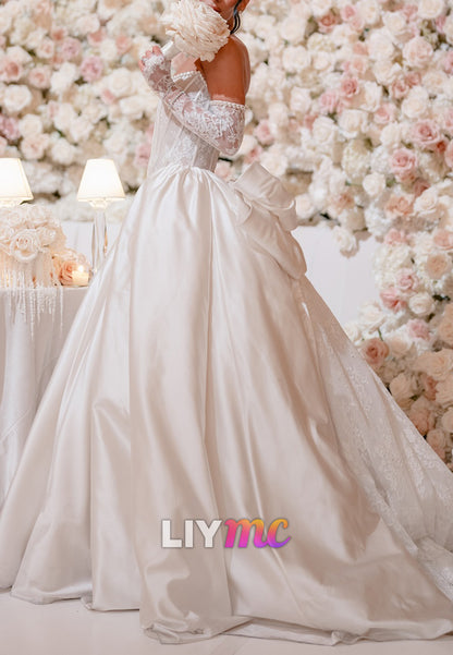 Off-Shoulder Lace Appliques Bow A-Line Satin Wedding Dress