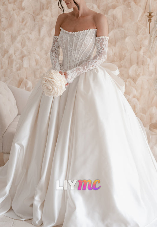 Off-Shoulder Lace Appliques Bow A-Line Satin Wedding Dress