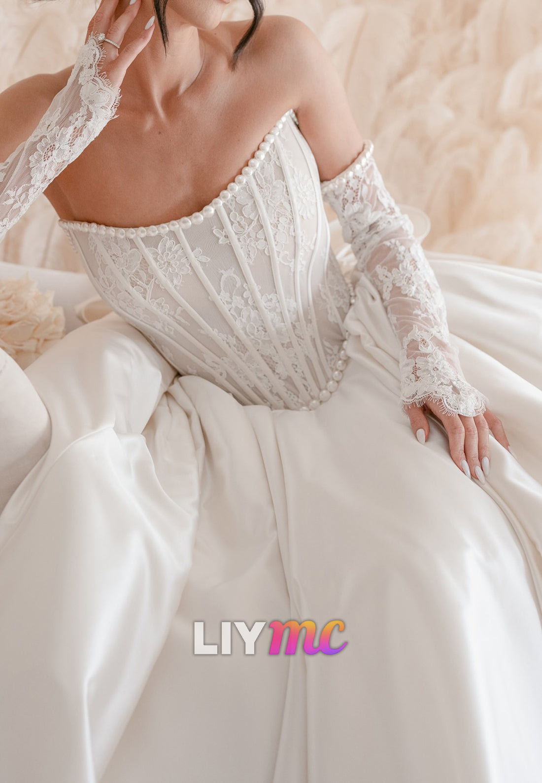 Off-Shoulder Lace Appliques Bow A-Line Satin Wedding Dress