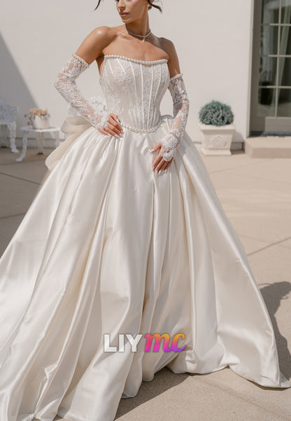 Off-Shoulder Lace Appliques Bow A-Line Satin Wedding Dress