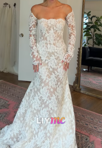 Off-Shoulder Lace Appliques Long Sleeves Mermaid Wedding Dress