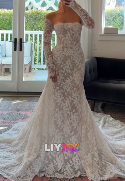 Off-Shoulder Lace Appliques Long Sleeves Mermaid Wedding Dress