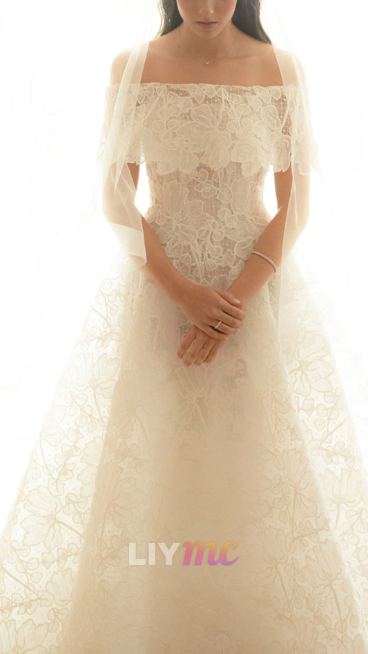 Off-Shoulder Lace Appliques Sleeveless A-Line Wedding Dress