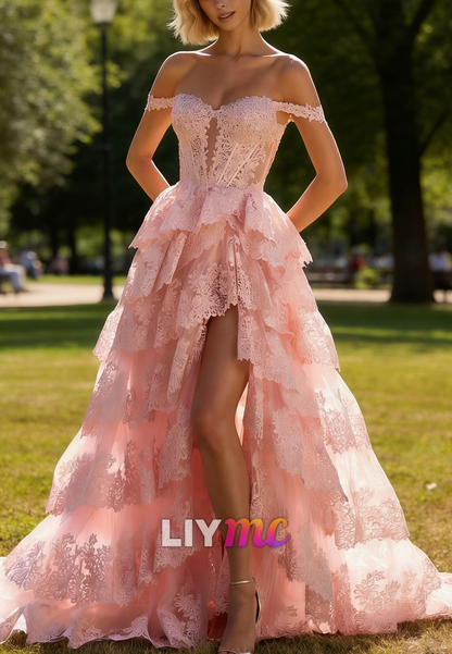 Off-Shoulder Lace Appliques Tiered A-Line Prom Dress