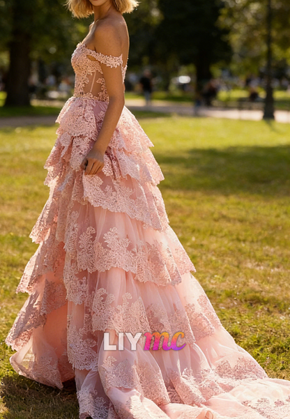 Off-Shoulder Lace Appliques Tiered A-Line Prom Dress