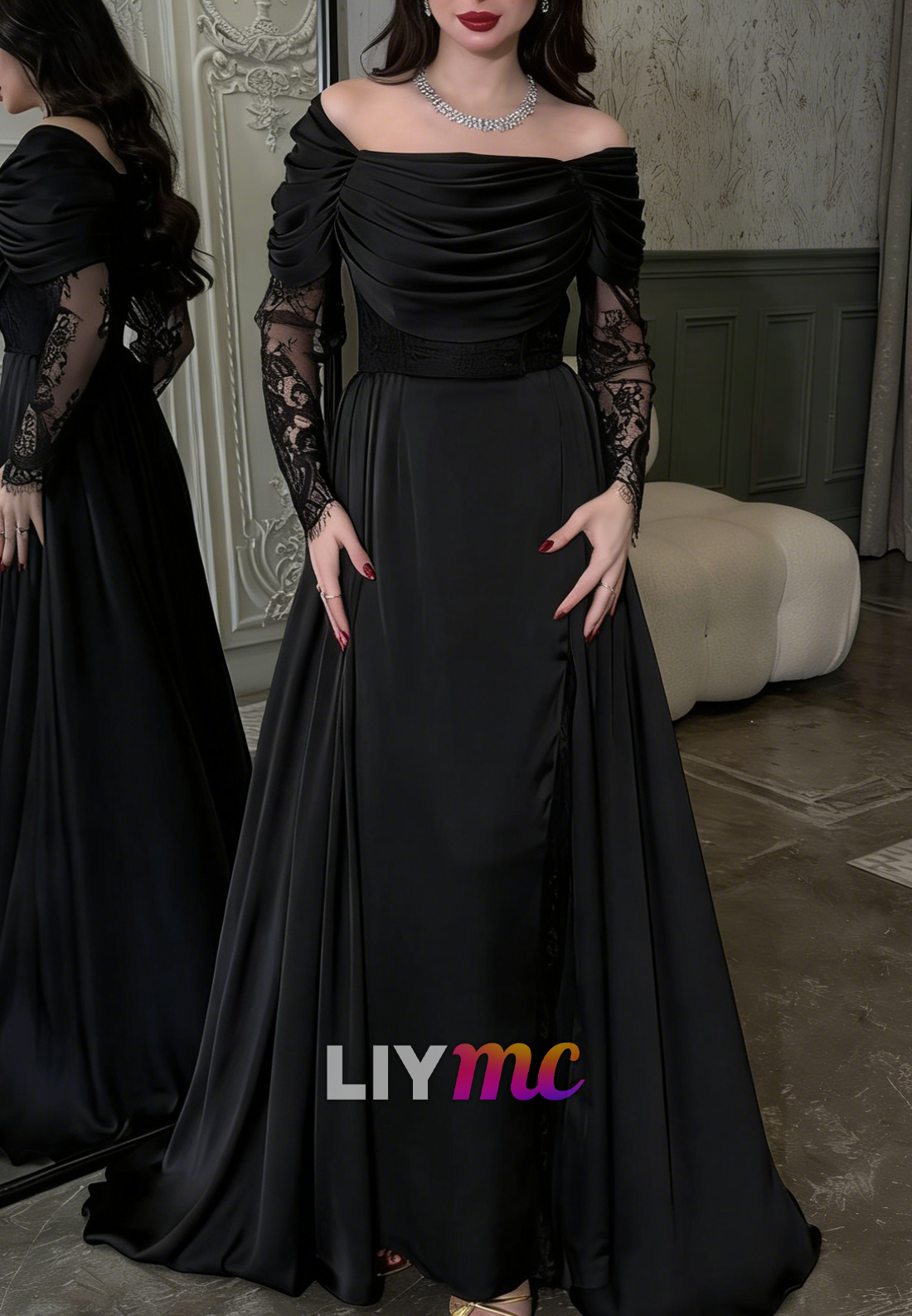 Off-Shoulder Long Lace Appliques A-Line Evening Dress