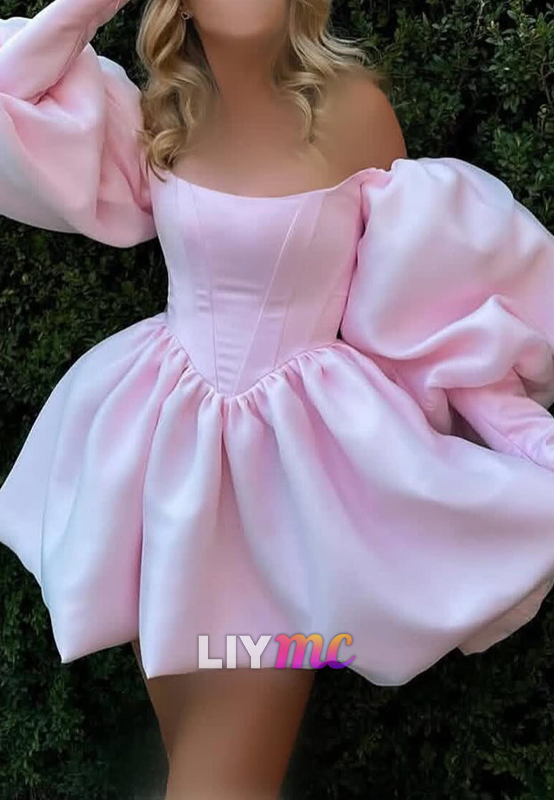 Off-Shoulder Long Puff Sleeves Pleated A-Line Party Homecoming Dress