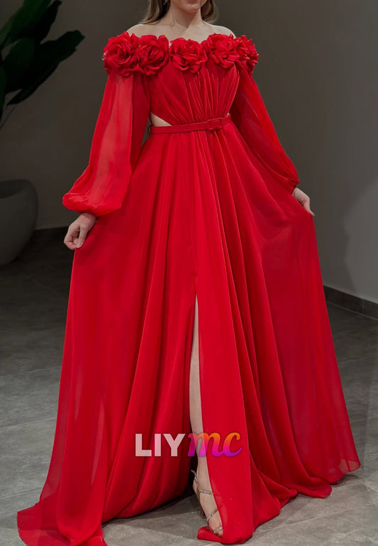 Off-Shoulder Long Sleeves 3D Floral A-Line Evening Dress