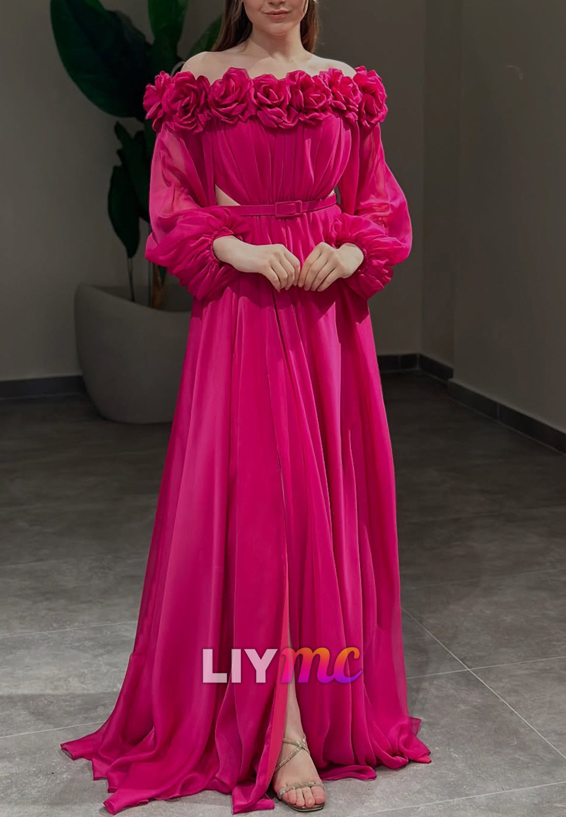 Off-Shoulder Long Sleeves 3D Floral A-Line Evening Dress