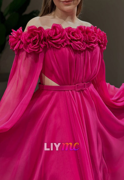 Off-Shoulder Long Sleeves 3D Floral A-Line Evening Dress