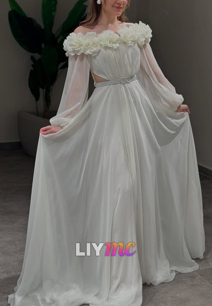 Off-Shoulder Long Sleeves 3D Floral A-Line Evening Dress
