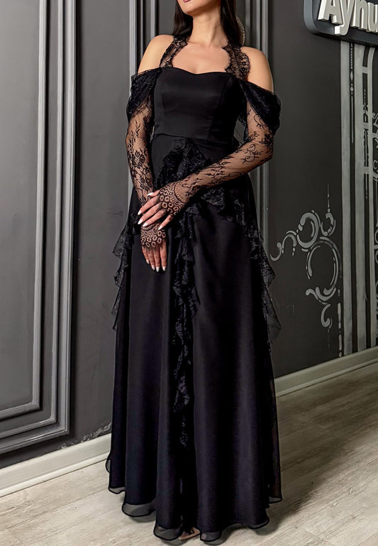 Off-Shoulder Long Sleeves Appliques A-Line Evening Dress