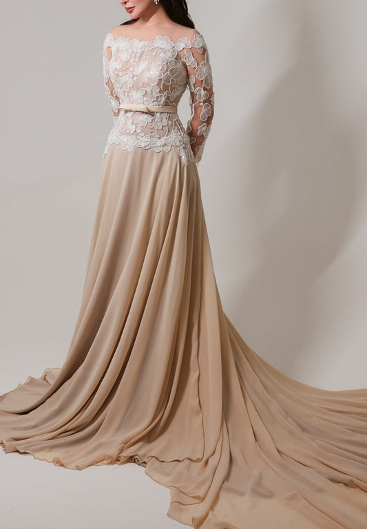 Off-Shoulder Long Sleeves Appliques Chiffon A-Line Formal Dress