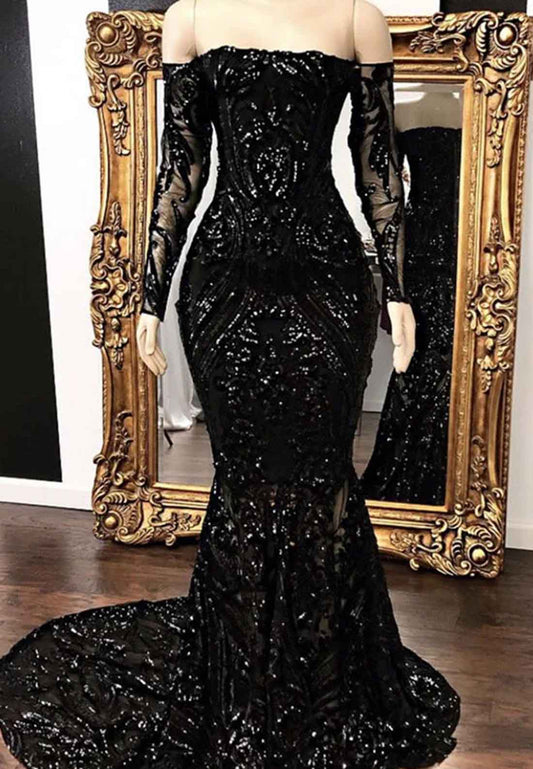 Off-Shoulder Long Sleeves Appliques Mermaid Prom Dress for Black Girls