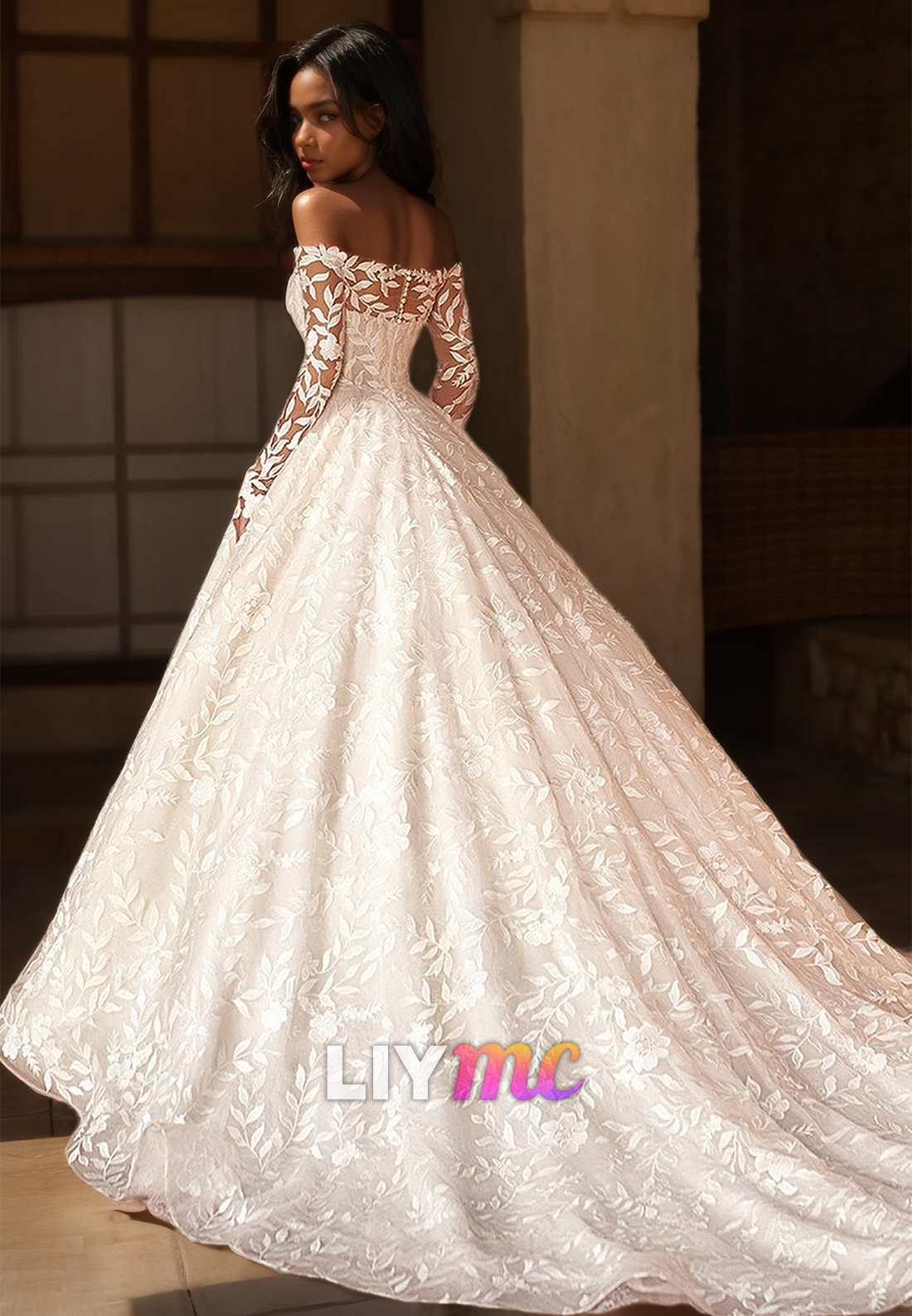 Off-Shoulder Long Sleeves Appliques Pleated A-Line Wedding Dress