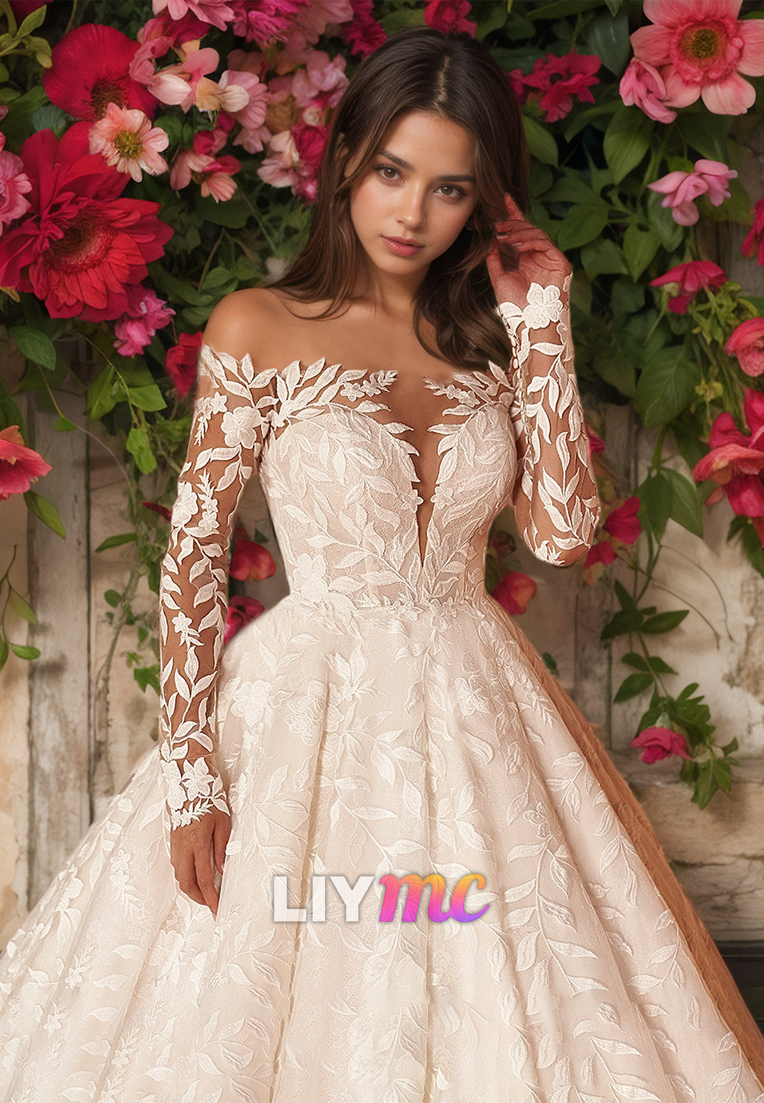 Off-Shoulder Long Sleeves Appliques Pleated A-Line Wedding Dress